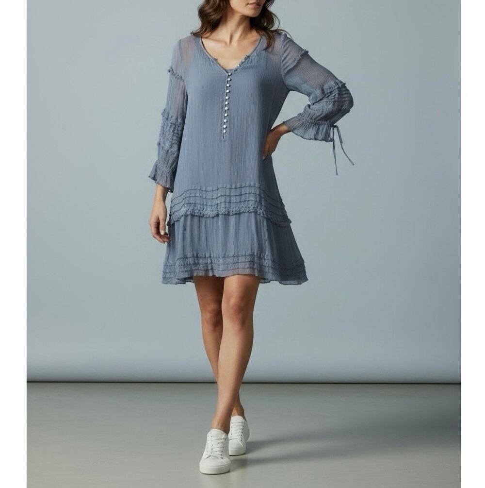 Sundance‎ Sheer Gauze Mini Dress Medium Blue Airy Ruffle Boho Cottage